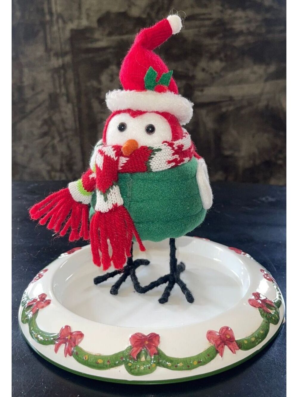 Christmas Bird Figurine with Santa Hat and Scarf